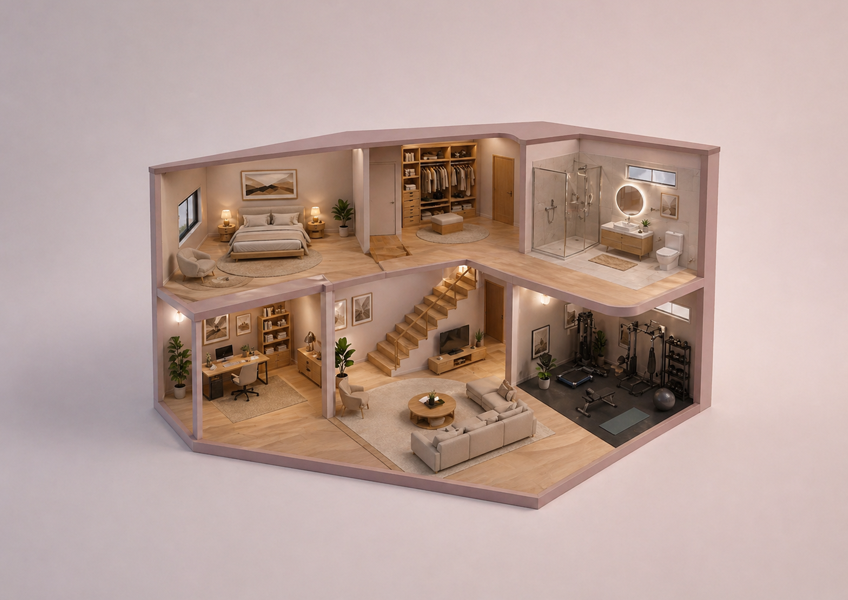 A 3D cutaway dollhouse with several cozy rooms